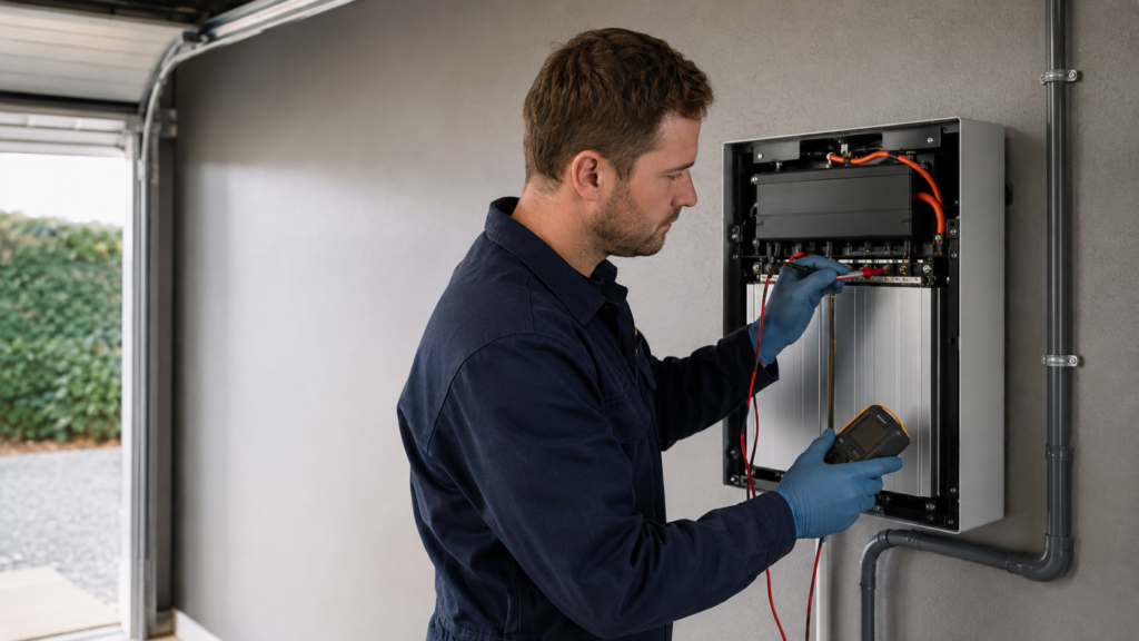 Technician Testing Wall-Mounted Electrical Unit